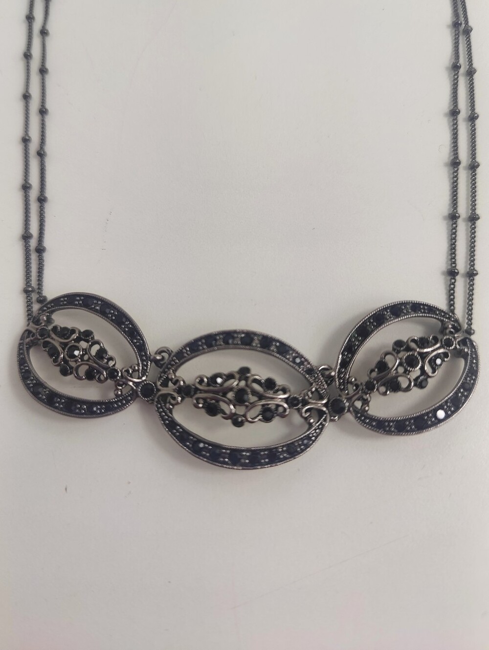 Monet Black Marcasite Style Necklace Vintage Silver Tone Oval Statement 16-18”